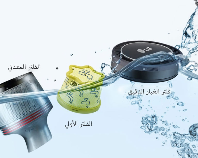 يظهر صنبور قيد التشغيل ويملأ الماء نصف الصورة لإظهار سهولة تنظيف العناصر الثلاثة التي تشكل الفلتر والنظام الدوَّار للمكنسة الكهربائية التي تعمل بعصا يدوية وهي تطفو.