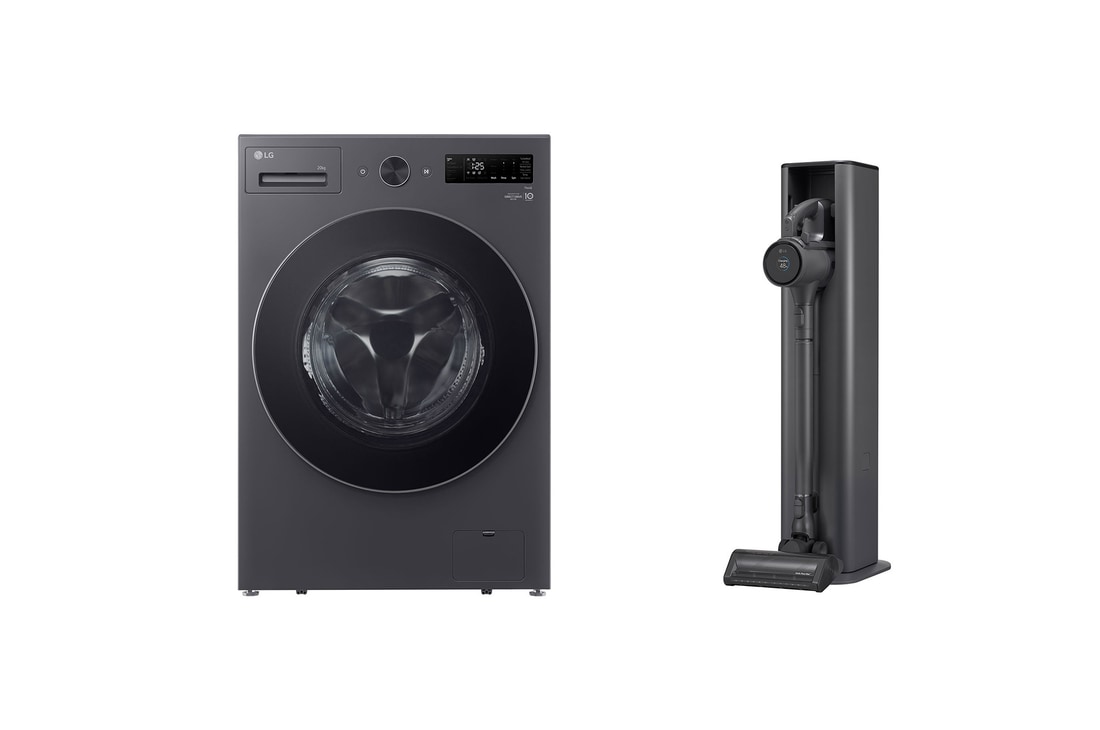 غسالة أمامية 20 كجم AI DD ستيم TurboWash360 + LG CordZero™ A9Kompressor، محطة شحن ذاتية التفريغ، مكنسة كهربائية يدوية