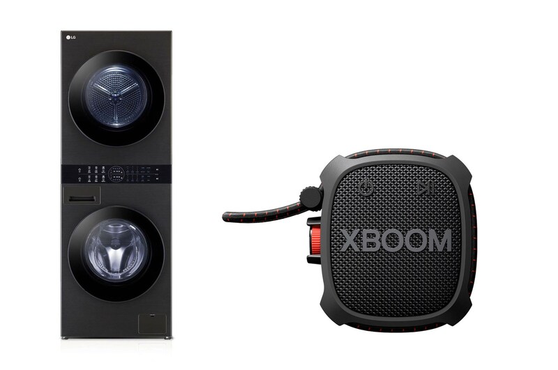 صورة أمامية لـ تحميل أمامي | لوحة تحكم بالمنتصف |  13 كجم غسيل | 10 كجم تجفيف + مكبر صوت LG XBOOM Go XG2TBK المحمول الذي يعمل بخاصية Bluetooth ومزود ببطارية تدوم 10 ساعات WK1310BST.XG2