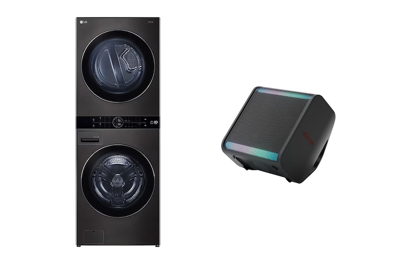 صورة أمامية لـ غسالة ومجفف وحدة واحدة| 21 كجم | تحميل أمامي | مع لوحة تحكم بالمنتصف بالعربية | ™+Steam + مكبر الصوت LG xboom Stage 301 | مكبر الصوت بتقنية Bluetooth | مكبر الصوت xboom Signature Sound من will.i.am للحفلات والعروض WK2116BST1.STAG001