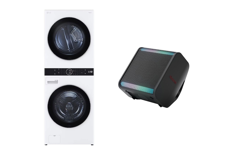 صورة أمامية لـ غسالة ومجفف وحدة واحدة| 21 كجم | تحميل أمامي | مع لوحة تحكم بالمنتصف | AI DD | TurboWash™ 360 | ™+Steam + مكبر الصوت LG xboom Stage 301 | مكبر الصوت بتقنية Bluetooth | مكبر الصوت xboom Signature Sound من will.i.am للحفلات والعروض WK2116WHT1.STAG001