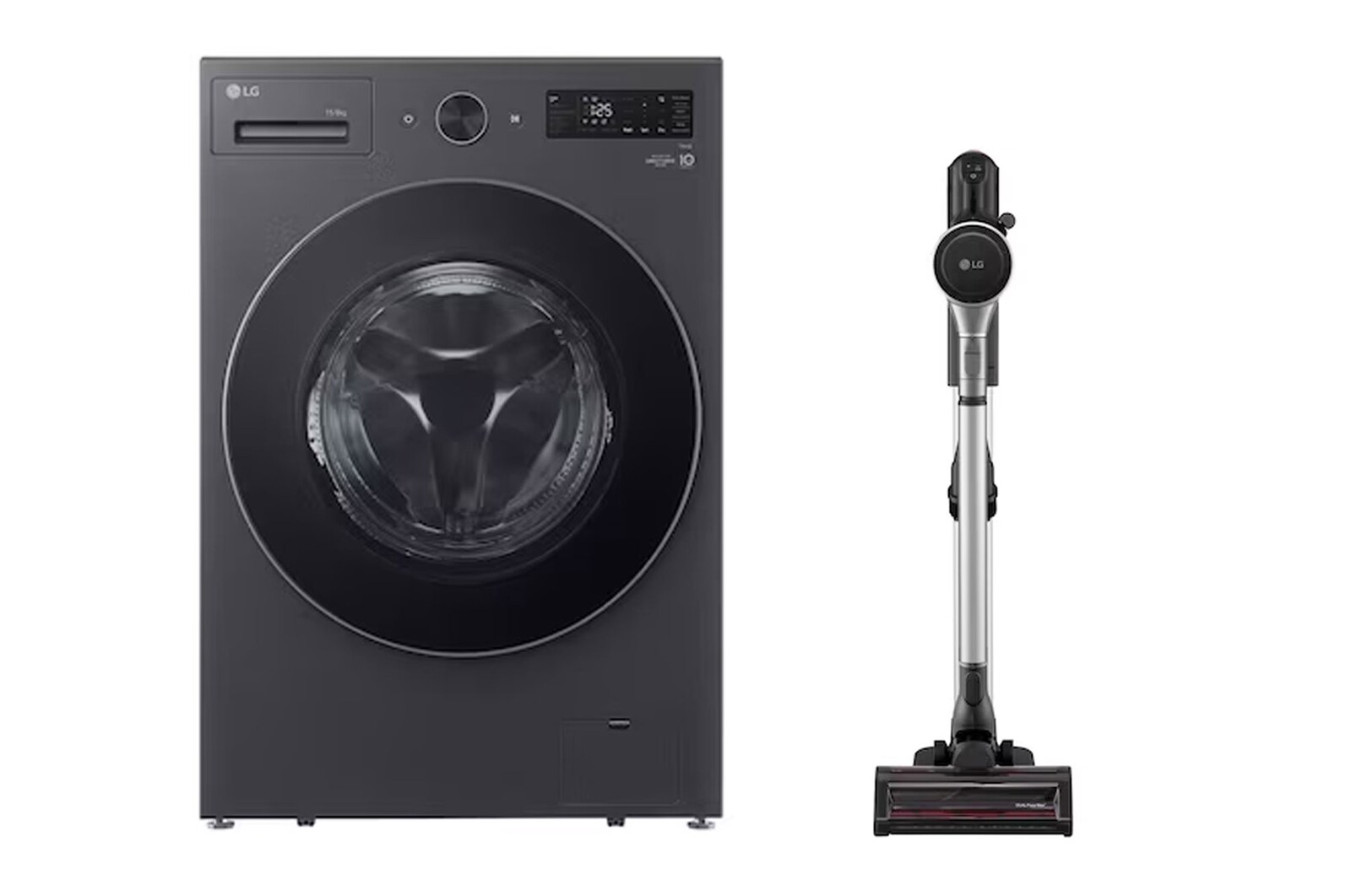 صورة أمامية لـ غسالة ملابس سعة 15 كجم مع مجفف سعة 8 كجم | غسالة تحميل أمامي | محرك دفع مباشر بست حركات | محرك دفع مباشر بالذكاء الاصطناعي | بخار | TurboWash360 | لون أسود مطفي + مكنسة يدوية لاسلكية LG CordZero™ A9Kompressor WSN1508BMT.A9K-SOL