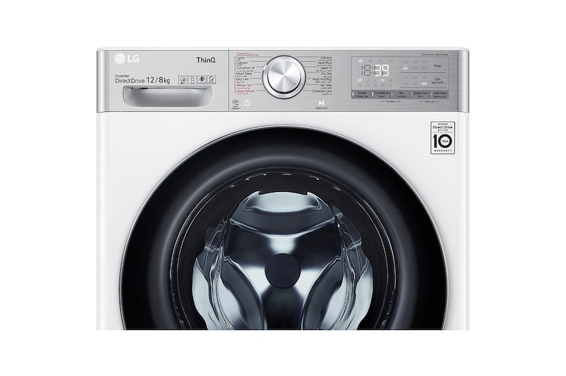 LG غسالة سعة 12 كجم مع مجفف سعة 8 كجم ، غسالة ذات تحميل أمامي بتقنية ™AI DD (عناية ذكية مع حماية أكبر بنسبة ٪18 للأقمشة) ، لون أبيض ، لوحة معدنية جديدة ، بخار + (العناية بالتجاعيد والحساسية) ، غسيل تربو 360 (39 دقيقة) ، ThinQ™ (Wi-Fi) ،, WSV1208WHT