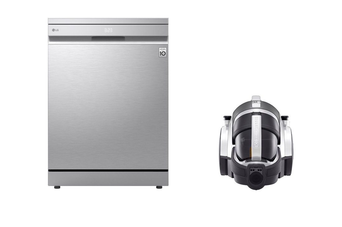غسالة أطباق 14 مكان QuadWash™ TrueSteam™ + مكنسة كهربائية من LG ذات هيكل أسطواني، بقدرة 1800 واط، سعة صندوق الغبار 1.2 لتر، وبلون فضي لامع