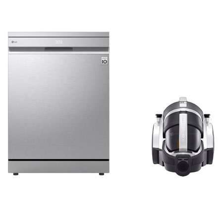 غسالة أطباق 14 مكان QuadWash™ TrueSteam™ + مكنسة كهربائية من LG ذات هيكل أسطواني، بقدرة 1800 واط، سعة صندوق الغبار 1.2 لتر، وبلون فضي لامع