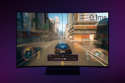 An image of LG OLED Flex with a driving game playing on screen. The display is split in half with a blurry left side and a clear right side showing the effect of 0.1 Response Time.