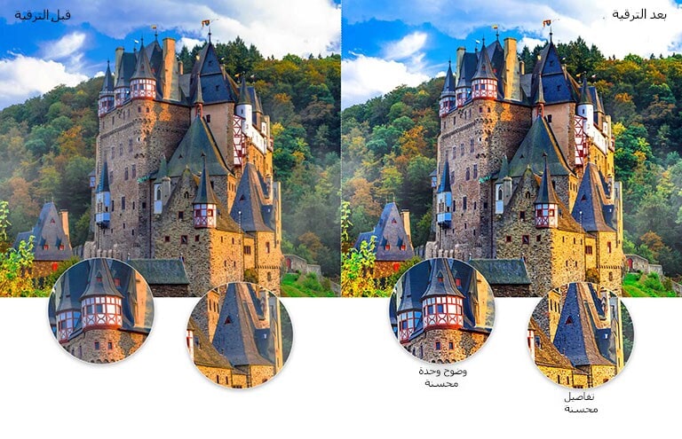 مقارنة توضح جودة صورة إحدى القلاع العتيقة في وسط غابة مع لقطة مقرّبة لأحد الأسقف لإبراز زيادة الحدة والتفاصيل بعد الترقية.