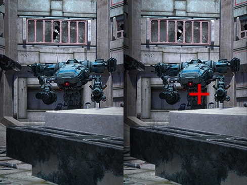 مقارنة Crosshair - الصورة اليسرى هي لـ Crosshair في وضع "إيقاف التشغيل"، والصورة اليمنى هي لـ Crosshair في وضع "التشغيل"