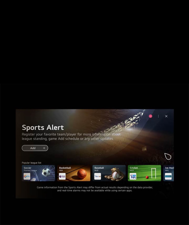 فيديو معروض على الشاشة الرئيسية لنظام WebOS. ينقر المؤشر على البطاقة السريعة للألعاب، ثم البطاقة السريعة للأحداث الرياضية حيث تنقلك كلتا البطاقتين إلى شاشات محتوى ذا صلة.