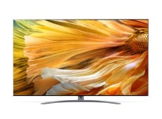 تلفزيون QNED99 مع صورة مقربة لمجموعة من البتلات الزاهية متعددة الألوان مع ظهور شعار 8K على الشاشة.