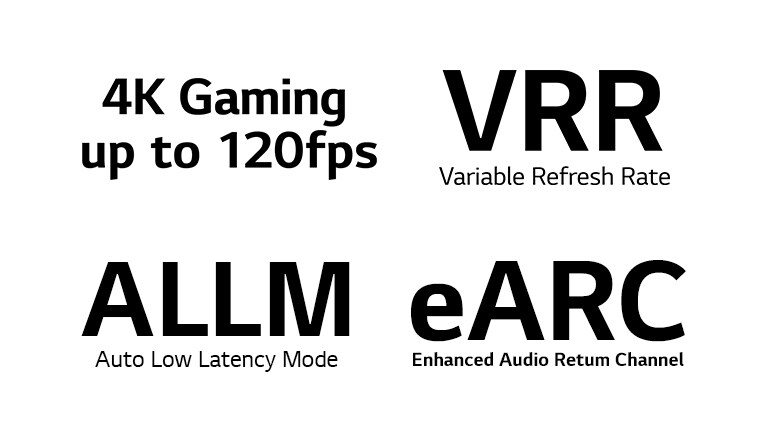 علامة 4K للألعاب تصل إلى 120 إطارًا في الثانية علامة معدل التحديث المتغير علامة وضع زمن الوصول التلقائي المنخفض علامة قناة عودة الصوت المحسنة