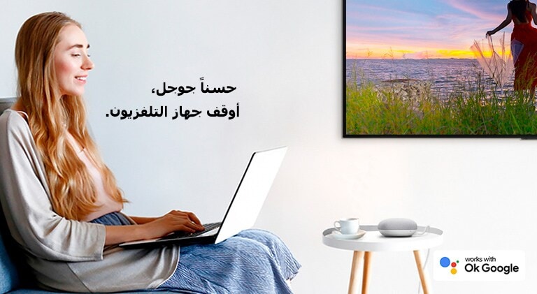 صورة تظهر بها امرأة تجلس على أريكة مع جهاز حاسوب محمول في غرفة بها تلفزيون معلق على الجدار تطلب من مكبر صوت يعمل بتقنية الذكاء الاصطناعي إيقاف تشغيل التلفزيون.