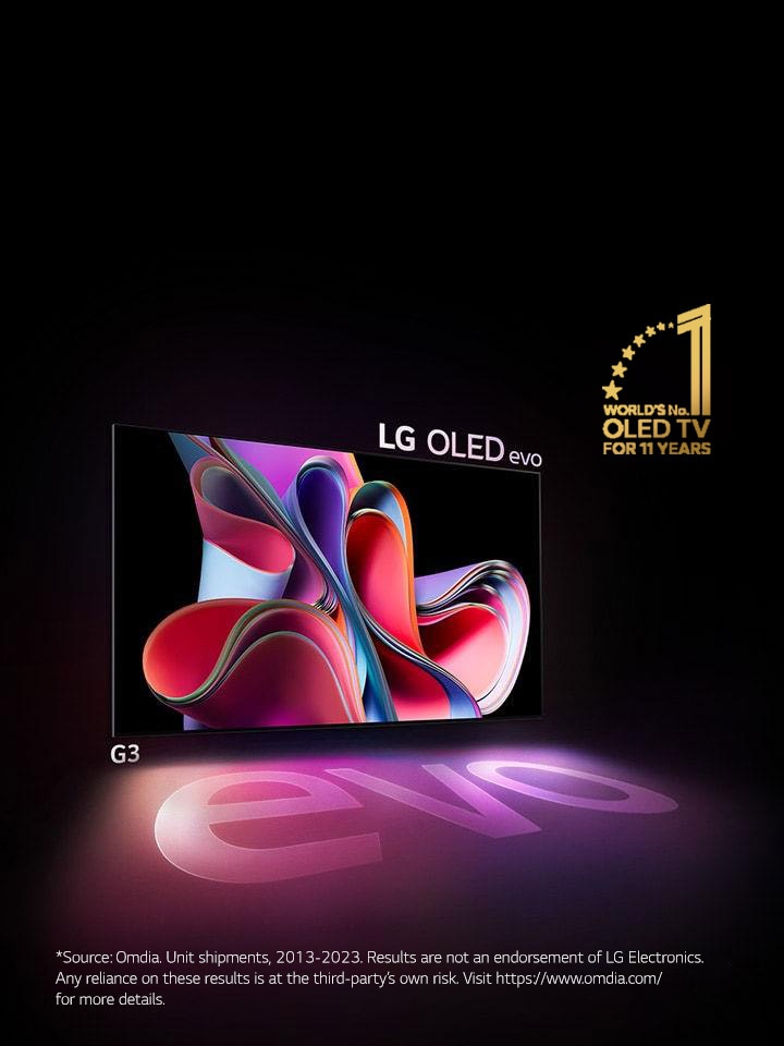 An image of LG OLED G3 against a black backdrop showing a bright pink and purple abstract artwork. The display casts a colorful shadow that features the word "evo." The "11 Years World's No.1 OLED TV" emblem is in the top left corner of the image. 