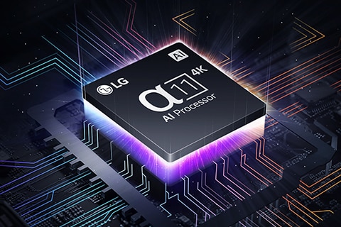 معالج alpha 11 AI Processor 4K الموجود أعلى اللوحة الأم، تنبعث منه أشعة باللونين الأرجواني والوردي.