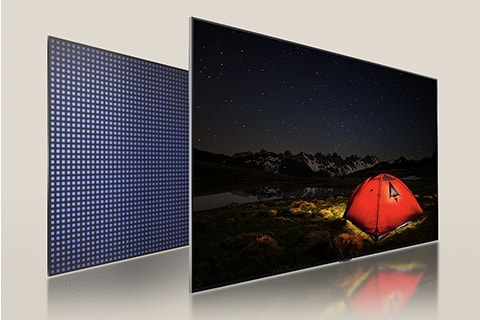 يأتي تلفزيون LG QNED TV مائل قليلاً إلى الجانب، ليكشف عن شاشة تلفزيون LG QNED TV والإضاءة الخلفية.