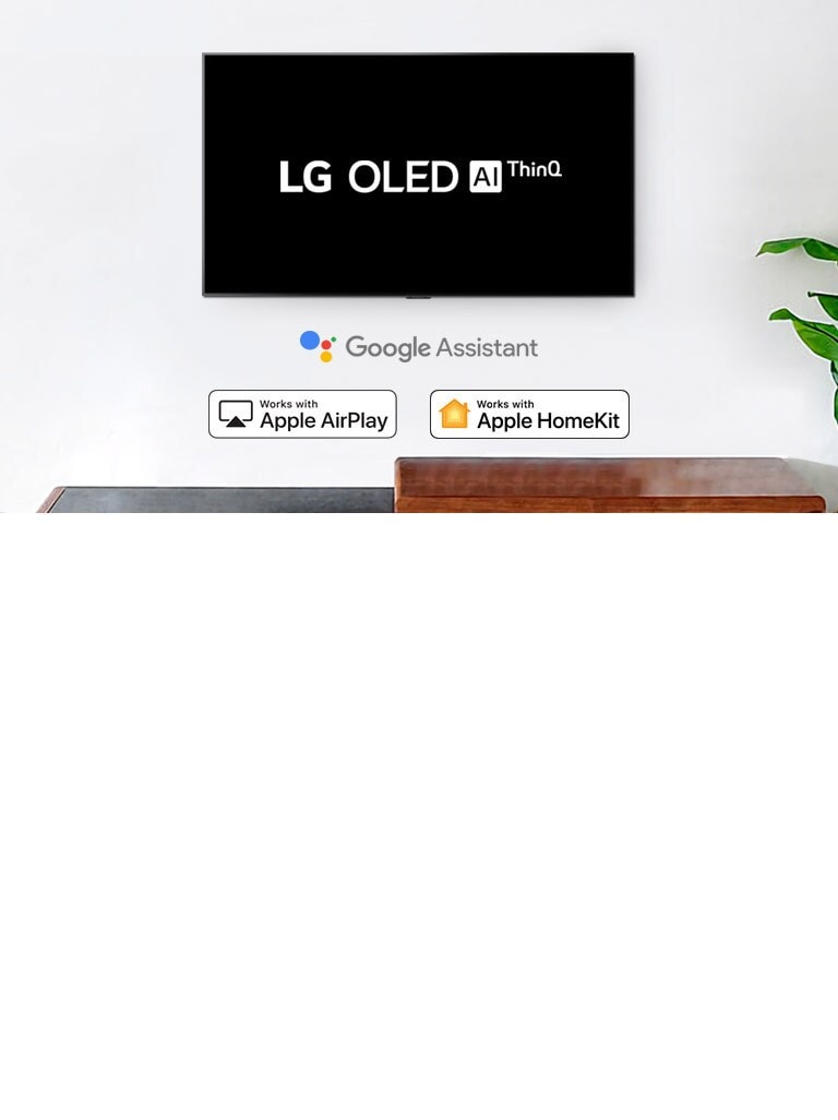 تلفزيون مثبت على الحائط يعرض شعار LG OLED بتقنية AI ThinQ على خلفية سوداء