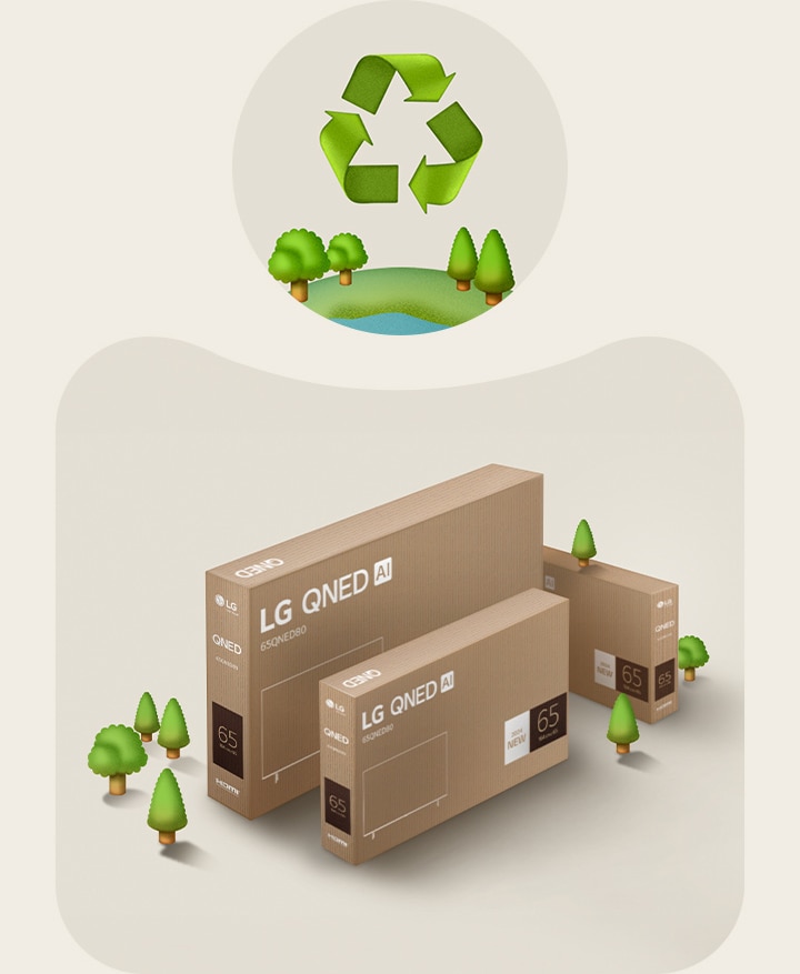 LG QNED packaging against a beige background with illustrated trees. 