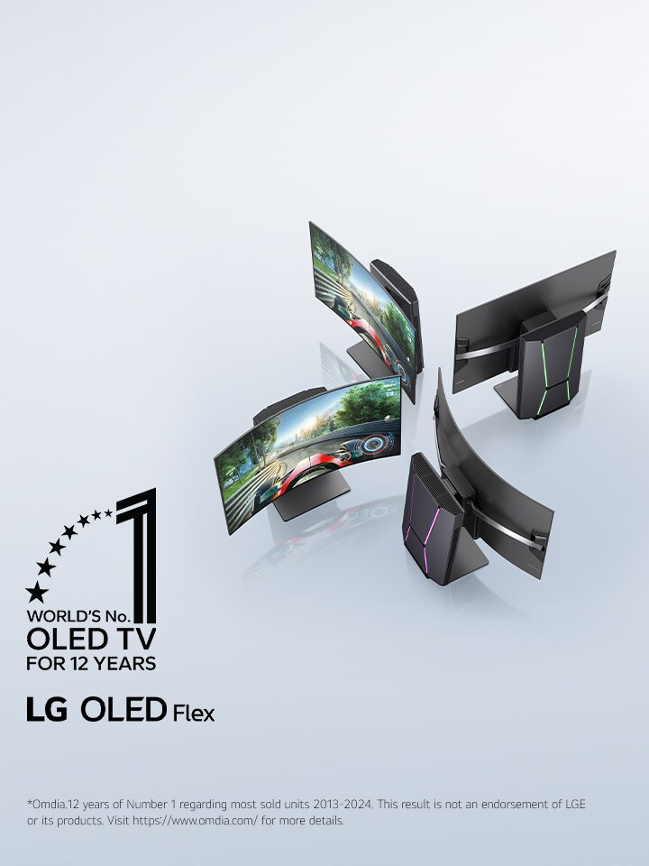 Slightly angled top view of four LG OLED Flex TVs positioned to show the TVs unique curved display. On the TVs where the screen is visible, a racing video game is seen. World’s No. 1 OLED TV for 12 years emblem is at the corner. LG OLED Flex product logo is visible.	