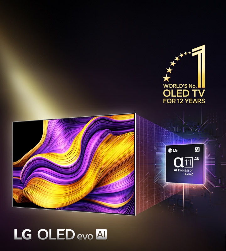 LG OLED TV with a colorful abstract artwork on its screen and the alpha 11 AI Processor Gen2 highlighted behind it. Bright lights erupt from the processor and TV showcasing its advanced technology. The world's number one OLED TV for 12 years emblem is also visible. 	