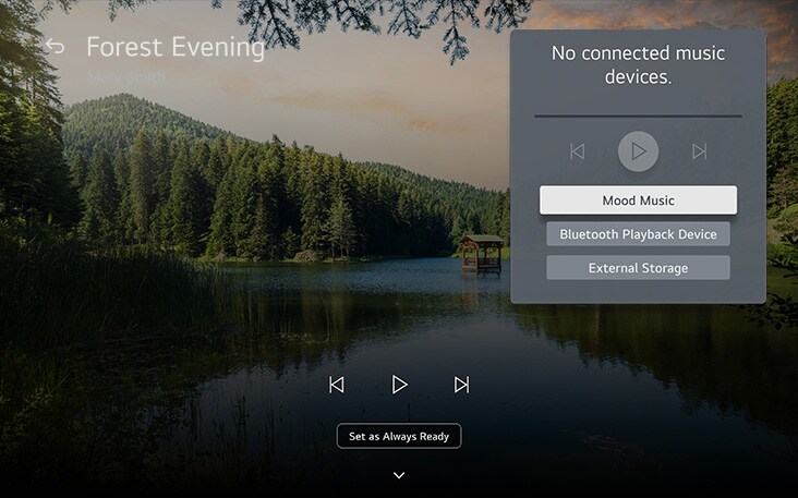 Walkthrough of how an LG TV can be set up to play mood music to sync with the visuals. 