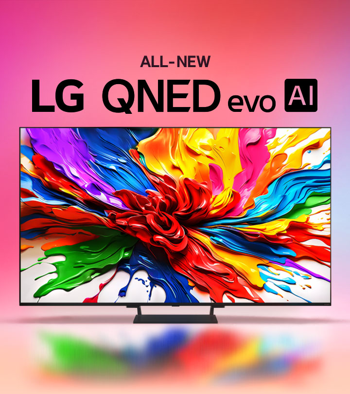 LG QNED TV against a colorful gradient background. On the screen is a beautifully saturated image of different paint splashes highlighting the color capabilities of the TV. The all new LG QNED evo AI logo is also visible.