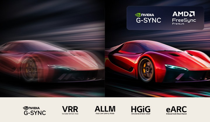 Two images of a car in a video game side-by-side. One shows a lot of motion blur. The other is sharp and in-focus showing the high frame rate of LG OLED TV. Nvidia G-Sync logo, AMD FreeSync Premium, and other relevant certifications are visible. 
