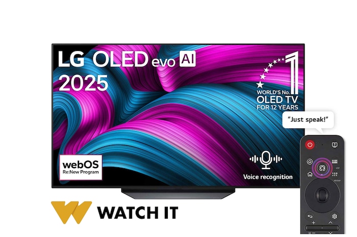 Front view of LG OLED AI CS5 4K Smart TV. 12 Years of world number 1 OLED emblem and LG OLED AI 2025 logo are on the screen.