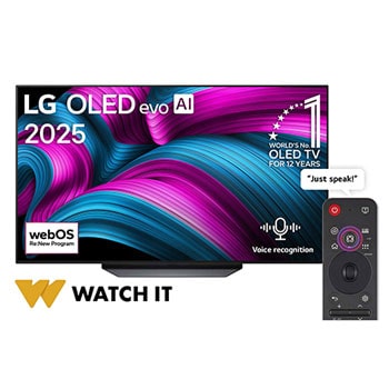Front view of LG OLED AI CS5 4K Smart TV. 12 Years of world number 1 OLED emblem and LG OLED AI 2025 logo are on the screen.