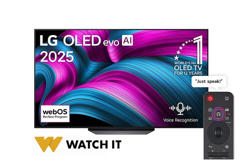Front view of LG OLED AI CS5 4K Smart TV. 12 Years of world number 1 OLED emblem and LG OLED AI 2025 logo are on the screen.