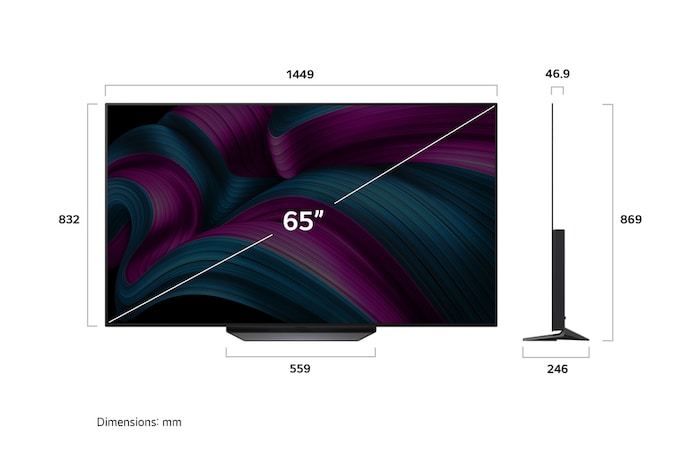 Front view and side view of LG OLED AI CS5 4K Smart TV showing its length, width, height, and depth dimensions.
