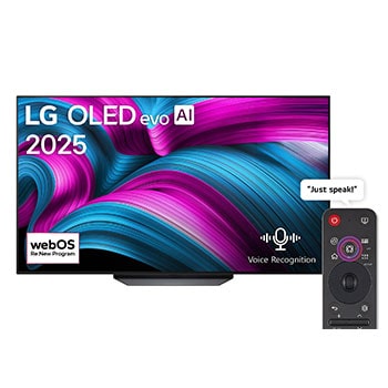 Front view of LG OLED AI CS5 4K Smart TV. 12 Years of world number 1 OLED emblem and LG OLED AI 2025 logo are on the screen.