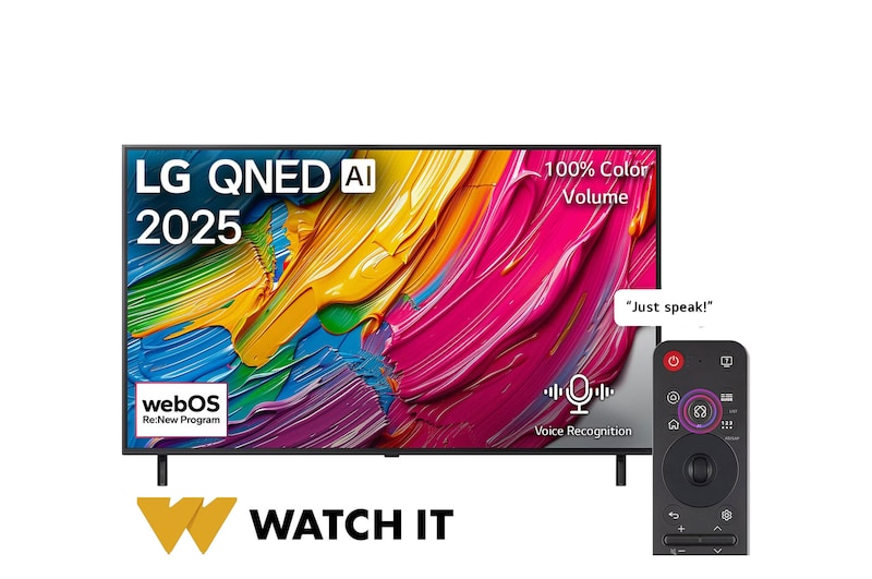 Front view of LG QNED80 TV, LG QNED Al Logo on the top corner. LG QNED TV depicts colorful paintike textures coming together.