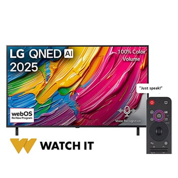 Front view of LG QNED80 TV, LG QNED Al Logo on the top corner. LG QNED TV depicts colorful paintike textures coming together.