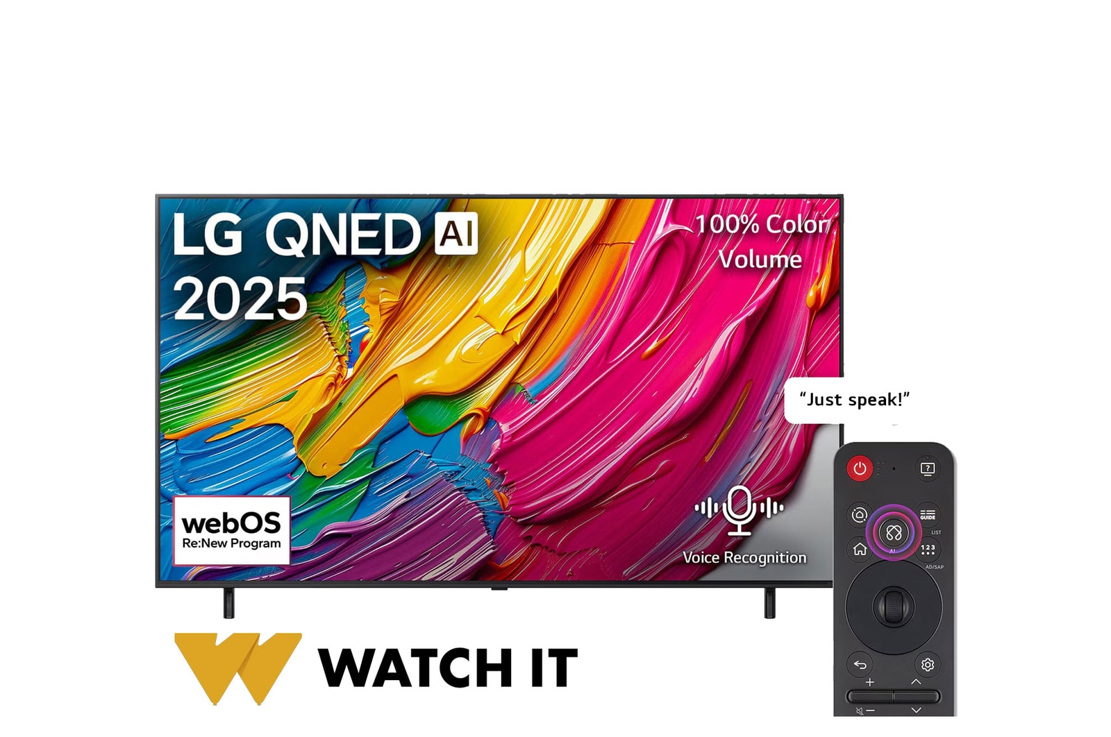 Front view of LG QNED80 TV, LG QNED Al Logo on the top corner. LG QNED TV depicts colorful paintike textures coming together.