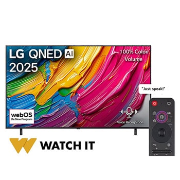 Front view of LG QNED80 TV, LG QNED Al Logo on the top corner. LG QNED TV depicts colorful paintike textures coming together.