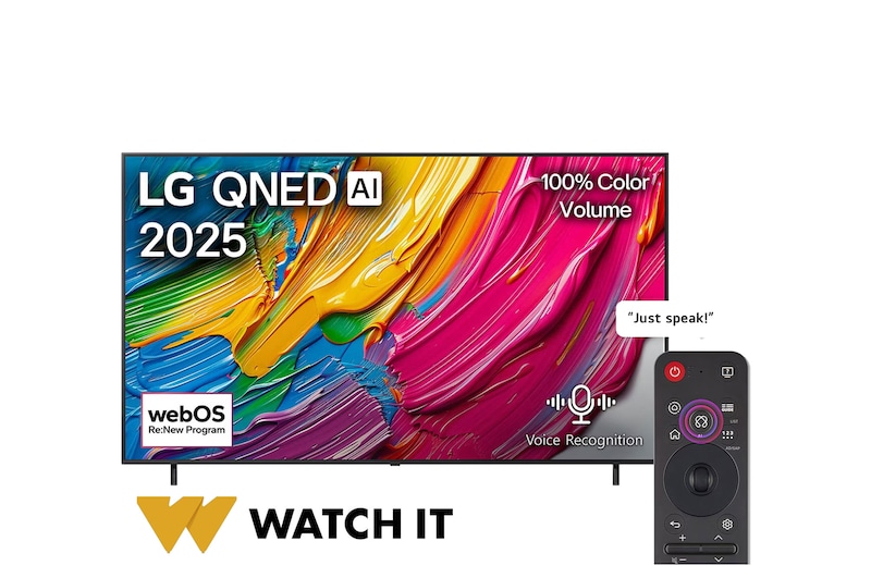 Front view of LG QNED80 TV, LG QNED Al Logo on the top corner. LG QNED TV depicts colorful paintike textures coming together.