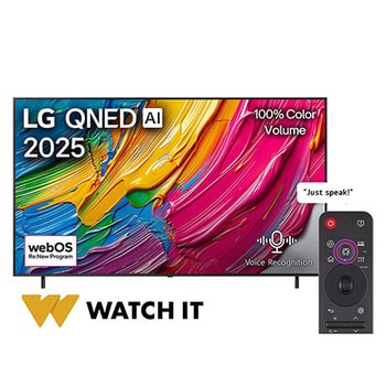 Front view of LG QNED80 TV, LG QNED Al Logo on the top corner. LG QNED TV depicts colorful paintike textures coming together.