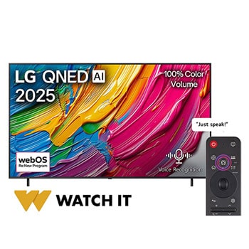 Front view of LG QNED80 TV, LG QNED Al Logo on the top corner. LG QNED TV depicts colorful paintike textures coming together.