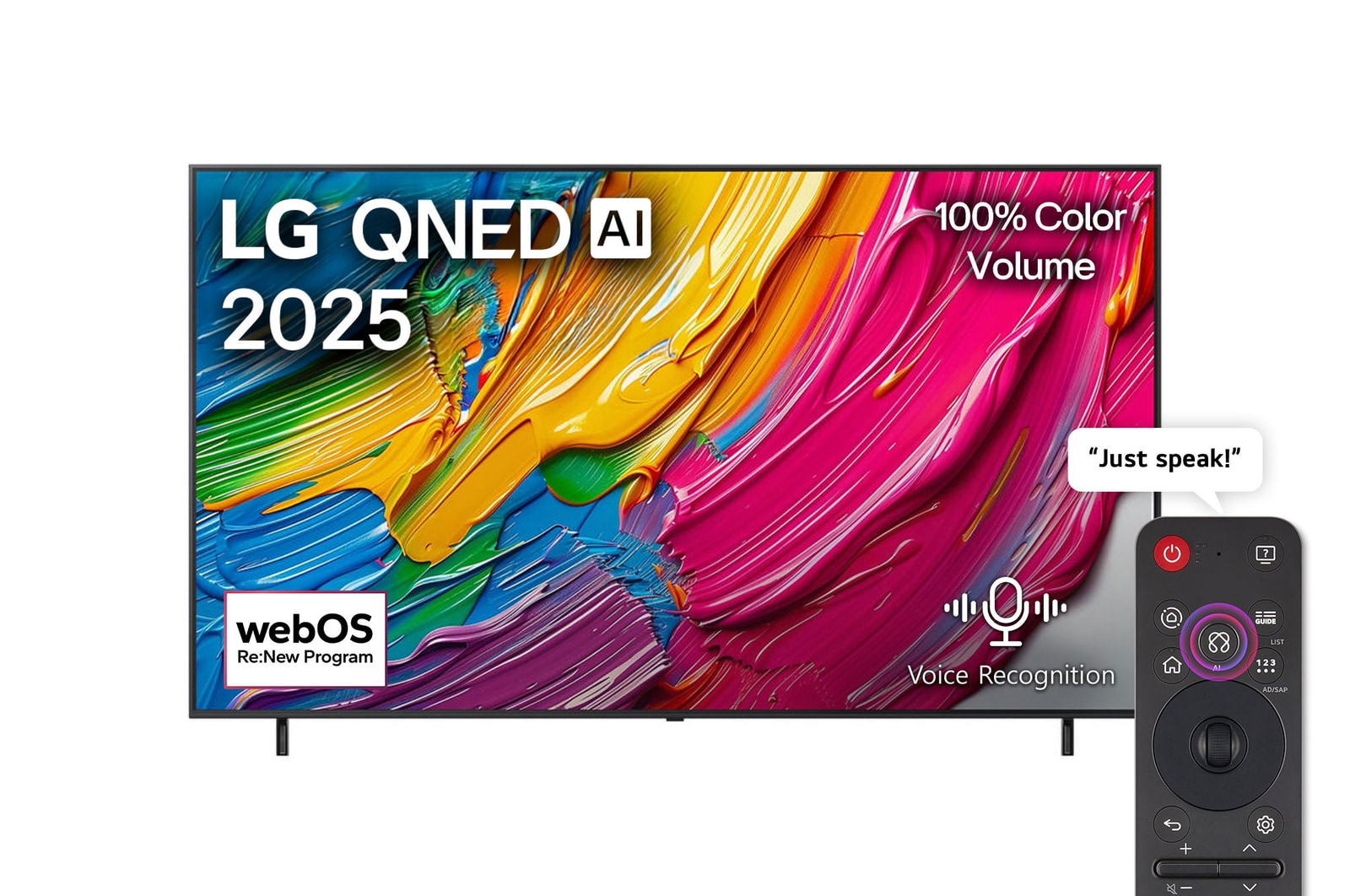 Front view of LG QNED80 TV, LG QNED Al Logo on the top corner. LG QNED TV depicts colorful paintike textures coming together.
