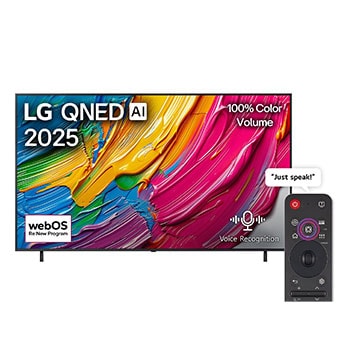 Front view of LG QNED80 TV, LG QNED Al Logo on the top corner. LG QNED TV depicts colorful paintike textures coming together.