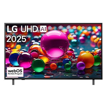 Front view of UHD UA80 TV, LG UHD Al Logo on the top corner. LG UHD TV depicts colorful paintike textures coming together.