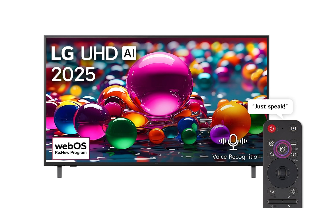 Front view of UHD UA75 TV, LG UHD Al Logo on the top corner. LG UHD TV depicts colorful paintike textures coming together.