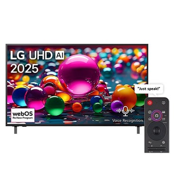 Front view of UHD UA75 TV, LG UHD Al Logo on the top corner. LG UHD TV depicts colorful paintike textures coming together.