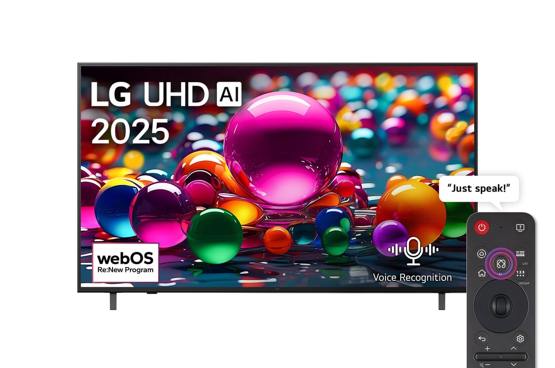 Front view of UHD UA75 TV, LG UHD Al Logo on the top corner. LG UHD TV depicts colorful paintike textures coming together.