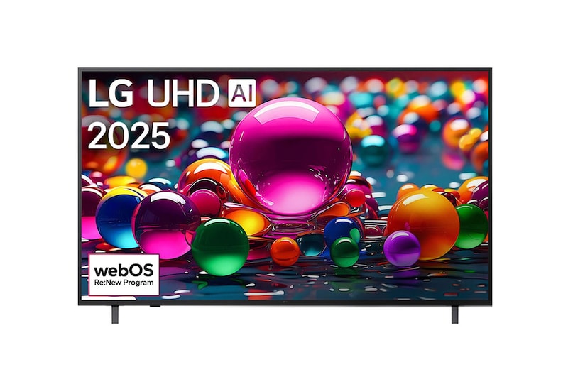 Front view of UHD UA75 TV, LG UHD Al Logo on the top corner. LG UHD TV depicts colorful paintike textures coming together.