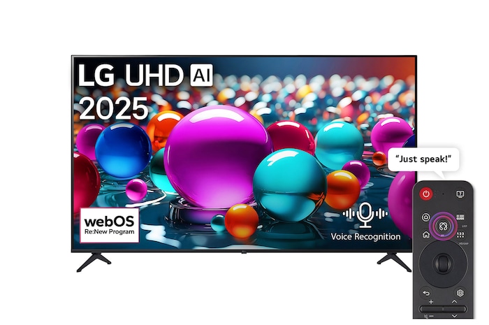 Front view of UHD UA75 TV, LG UHD Al Logo on the top corner. LG UHD TV depicts colorful paintike textures coming together.