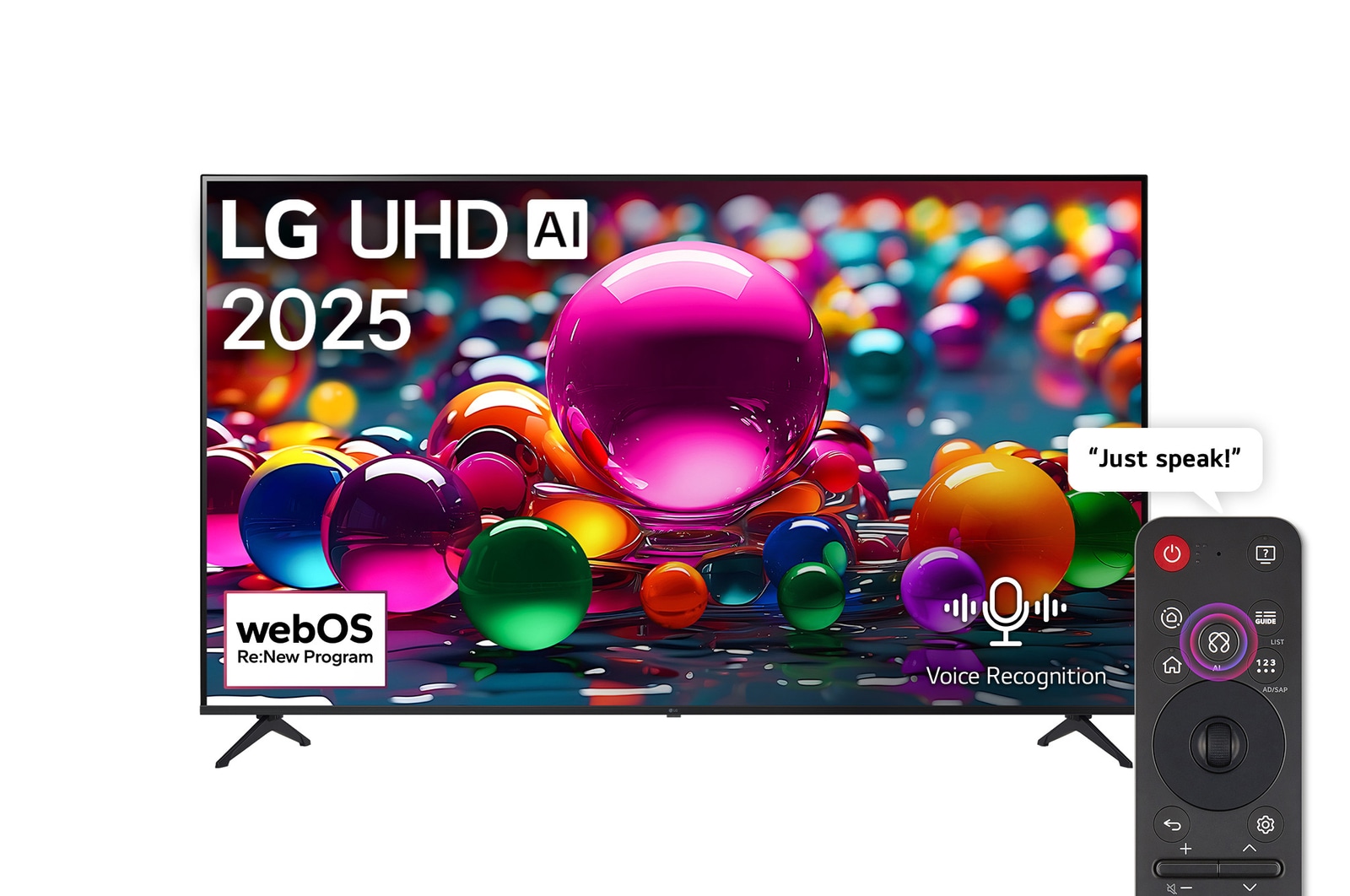 Front view of UHD UA75 TV, LG UHD Al Logo on the top corner. LG UHD TV depicts colorful paintike textures coming together.
