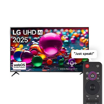 Front view of UHD UA75 TV, LG UHD Al Logo on the top corner. LG UHD TV depicts colorful paintike textures coming together.