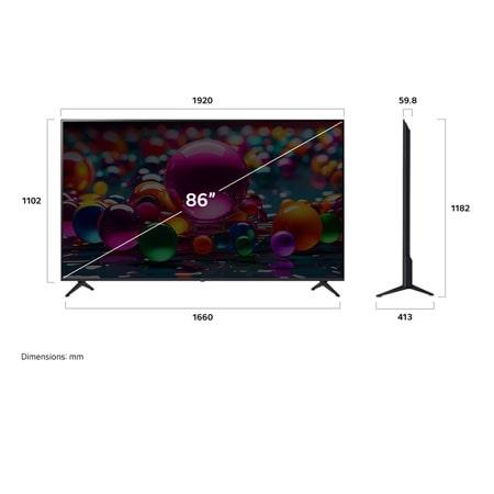 Front view and side view of LG UHD AI  UA75 4K Smart TV showing its length, width, height, and depth dimensions.