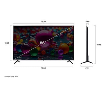 Front view and side view of LG UHD AI  UA75 4K Smart TV showing its length, width, height, and depth dimensions.